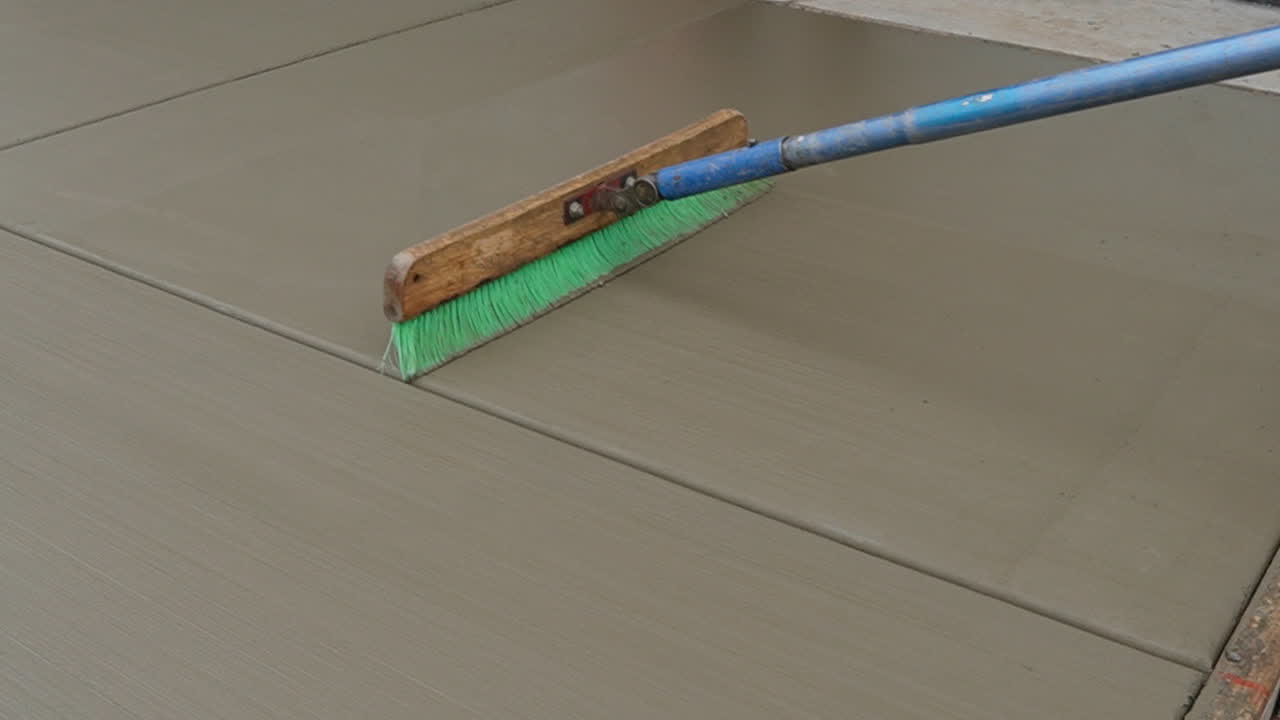 Broom being pulled across the fresh concrete