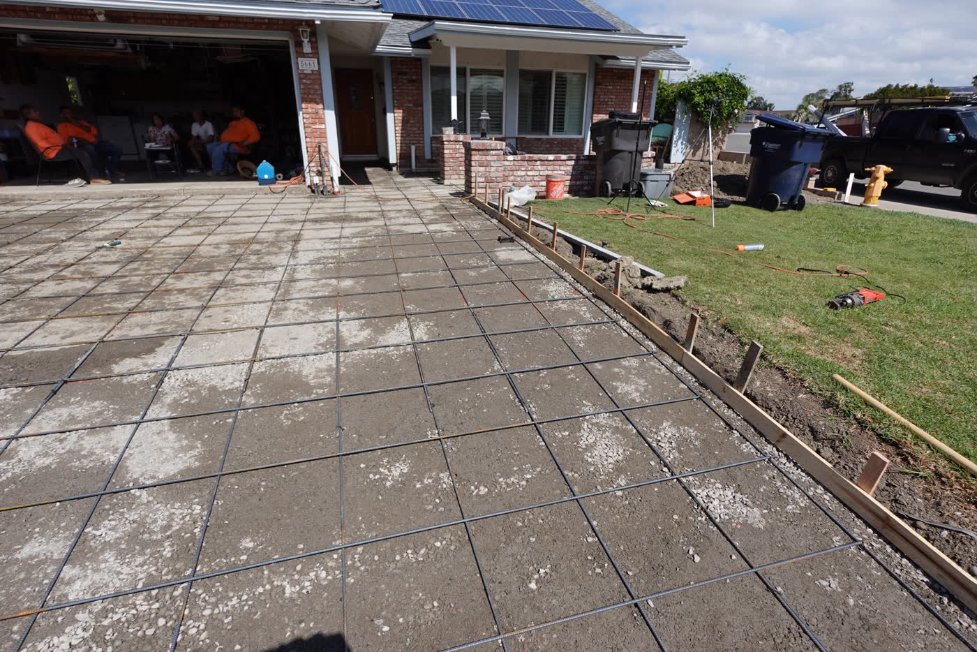 Steel rebar grid across the driveway